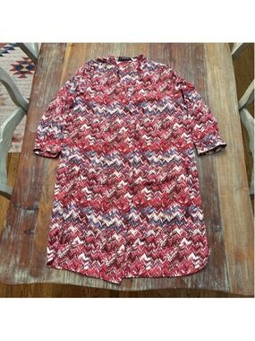 Mango Basics Chevron Zig Zag Shirt Dress XS With Pockets Red Multi Tunic